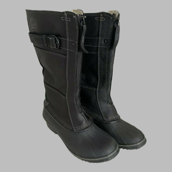Sorel Winter Fancy Tall Women's SZ 8 Black Leather Boots NL2136-010 Zip Front - Picture 1 of 9